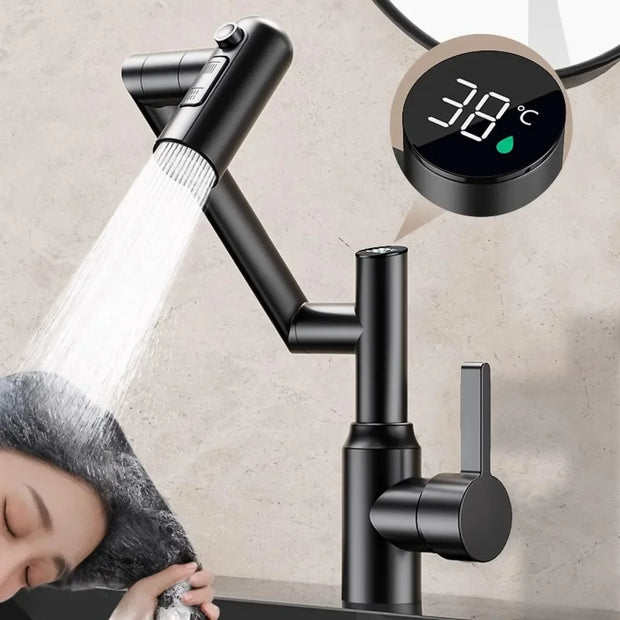 Washbasin Faucet Bathroom Multi-functional Mechanical Arm Cold and Hot Water Tap Digital Display Household Universal Rotation