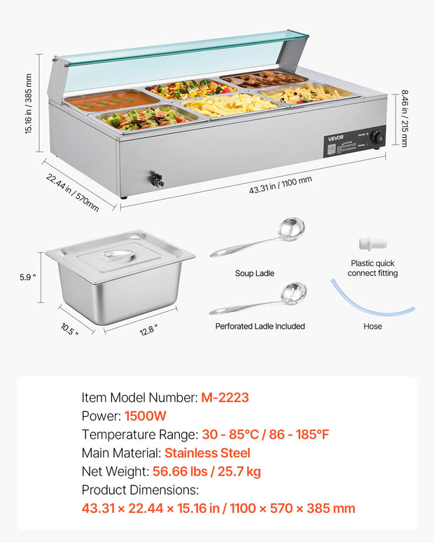 SucceBuy Commercial Food Warmer Electric Stainless Steel Steam Food Warmer with Glass Cover 3-Pan Countertop Buffet Bain Marie